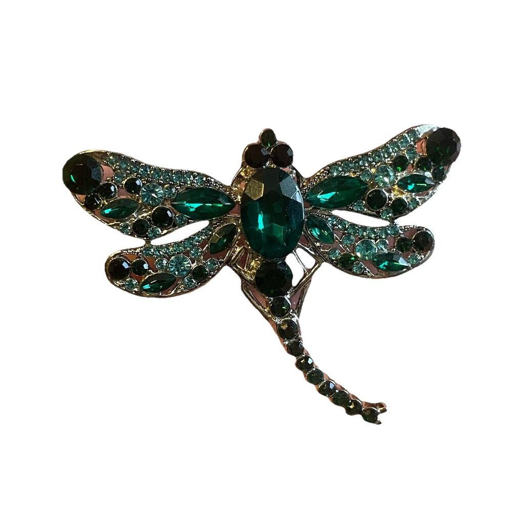 Large Green Teal Rhinestone Dragonfly Brooch Pin Silver Tone Insect Statement 2"